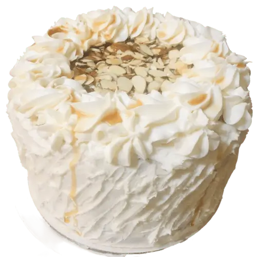 An almond vanilla cake from Kind House Ukraine Bakery.