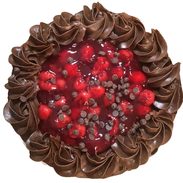 A Black Forest cake topped with cherries and chocolate from Kind House Ukraine Bakery.