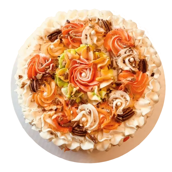 A carrot cake with pecans and raisins from Kind House Ukraine Bakery.